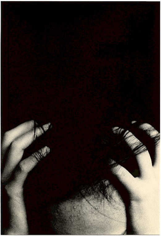 Untitled (Hands and head), silver gelatin photograph by Mikael Siirilä